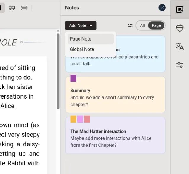 한 페이지만을 위한 노트 또는 전체에서 사용할 수 있는 노트를 추가하세요. 페이지 노트와 글로벌 노트 간에 쉽게 전환하여 원하는 정보를 확인하세요.