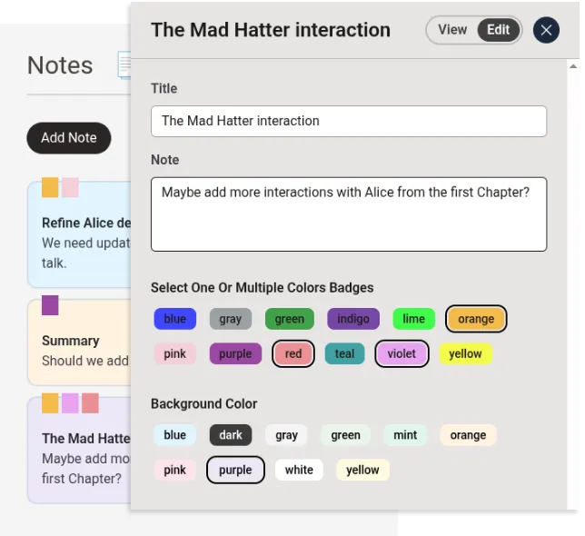 스마트 노트 시스템으로 언제든지 생각을 기록하세요. 노트마다 여러 색상의 배지와 맞춤형 배경색으로 손쉽게 정리할 수 있습니다.